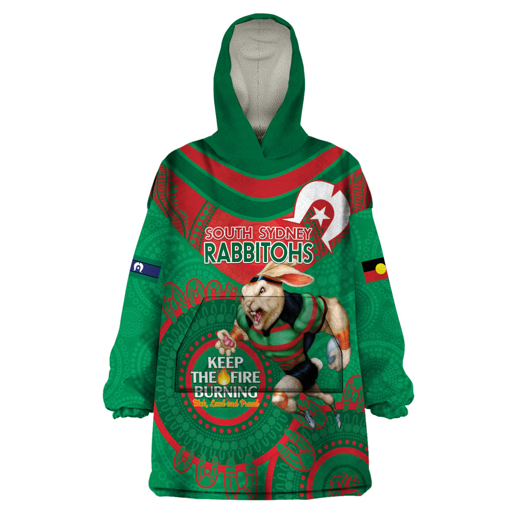 Custom NRL Rabbitohs NAIDOC Week Wearable Blanket Hoodie Keep The Fire Burning Indigenous Art - Vibe Hoodie Shop