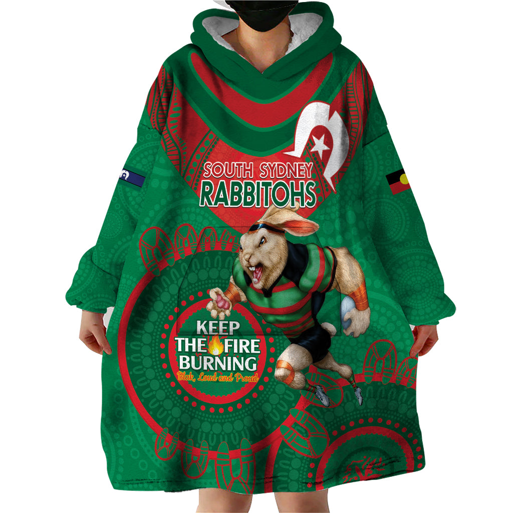 Custom NRL Rabbitohs NAIDOC Week Wearable Blanket Hoodie Keep The Fire Burning Indigenous Art - Vibe Hoodie Shop