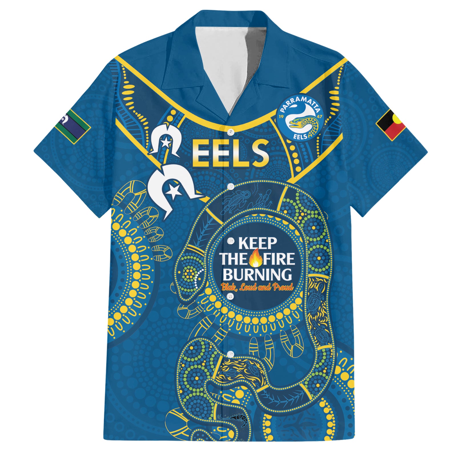 Custom NRL Eels NAIDOC Week Hawaiian Shirt Keep The Fire Burning Indigenous Art - Vibe Hoodie Shop