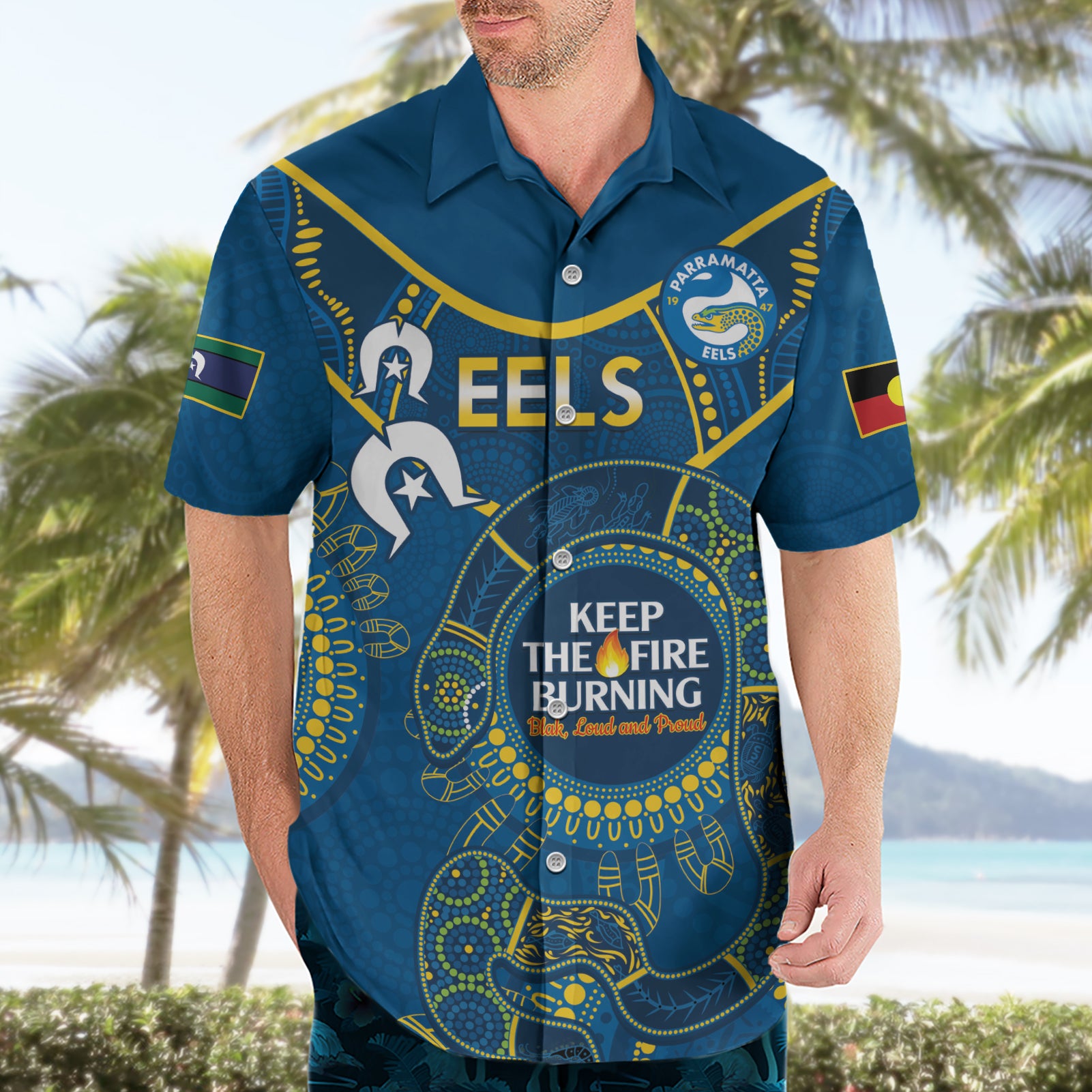 Custom NRL Eels NAIDOC Week Hawaiian Shirt Keep The Fire Burning Indigenous Art - Vibe Hoodie Shop