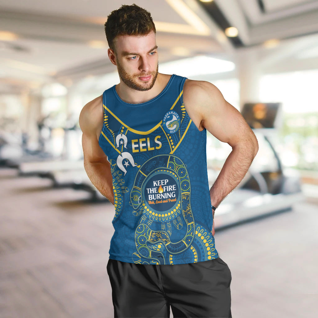 Custom NRL Eels NAIDOC Week Men Tank Top Keep The Fire Burning Indigenous Art - Vibe Hoodie Shop