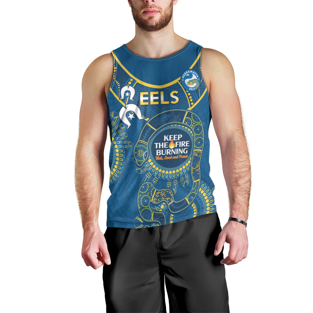 Custom NRL Eels NAIDOC Week Men Tank Top Keep The Fire Burning Indigenous Art - Vibe Hoodie Shop