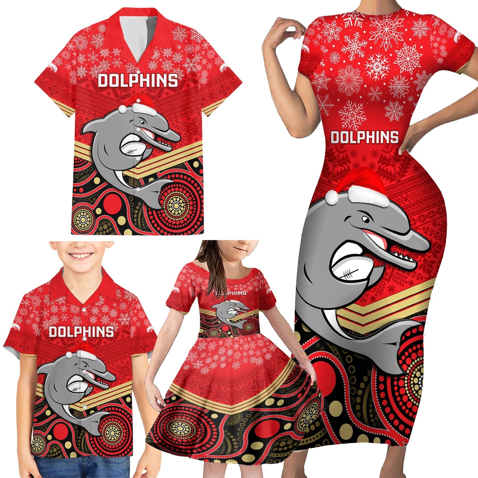 custom-dolphins-rugby-christmas-family-matching-short-sleeve-bodycon-dress-and-hawaiian-shirt-merry-xmas-2023-mix-aboriginal-art