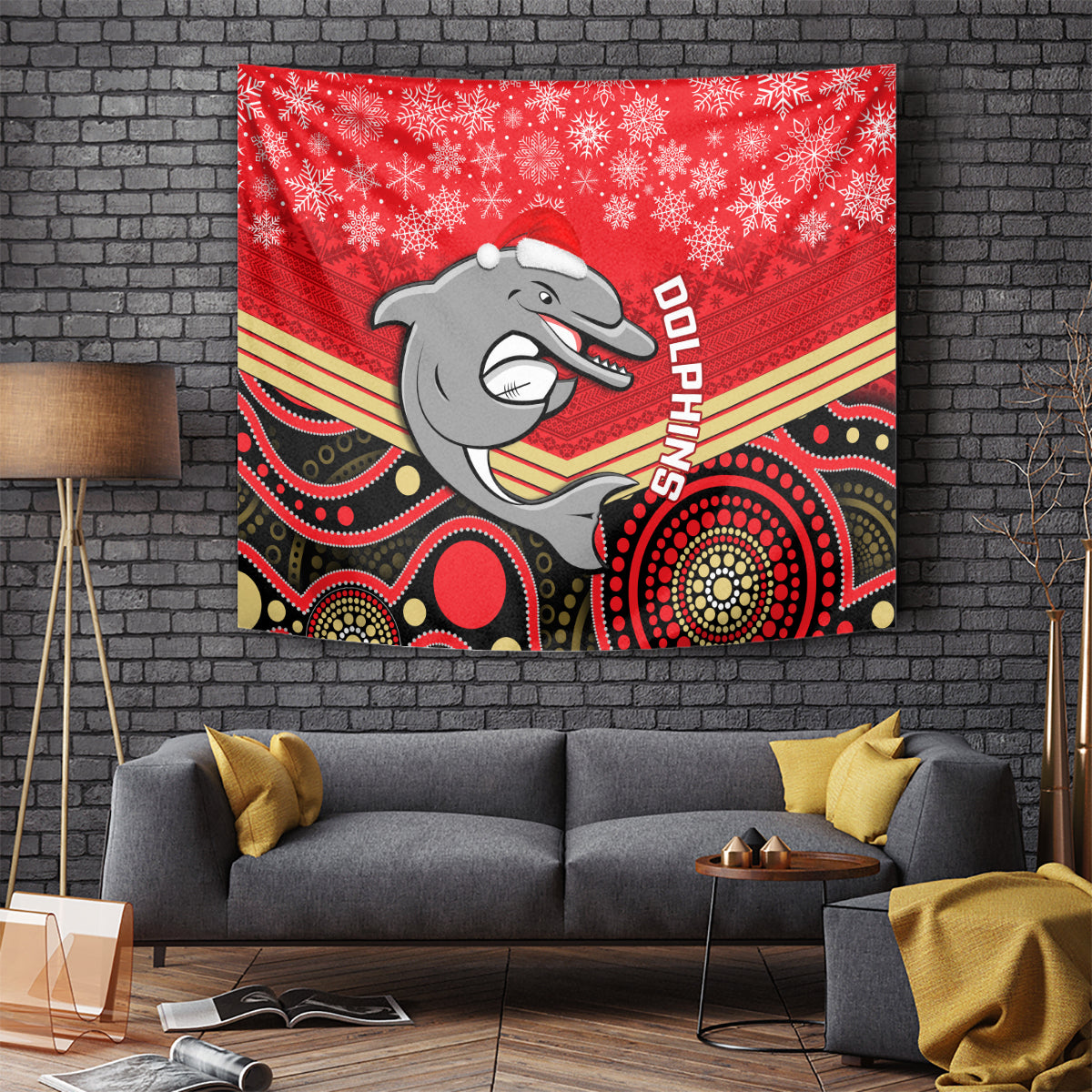 Dolphins Rugby Christmas Tapestry Merry Xmas 2023 Mix Aboriginal Art - Vibe Hoodie Shop