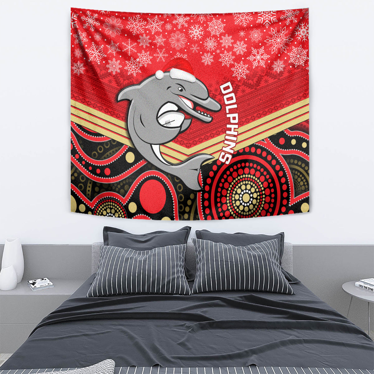 Dolphins Rugby Christmas Tapestry Merry Xmas 2023 Mix Aboriginal Art - Vibe Hoodie Shop