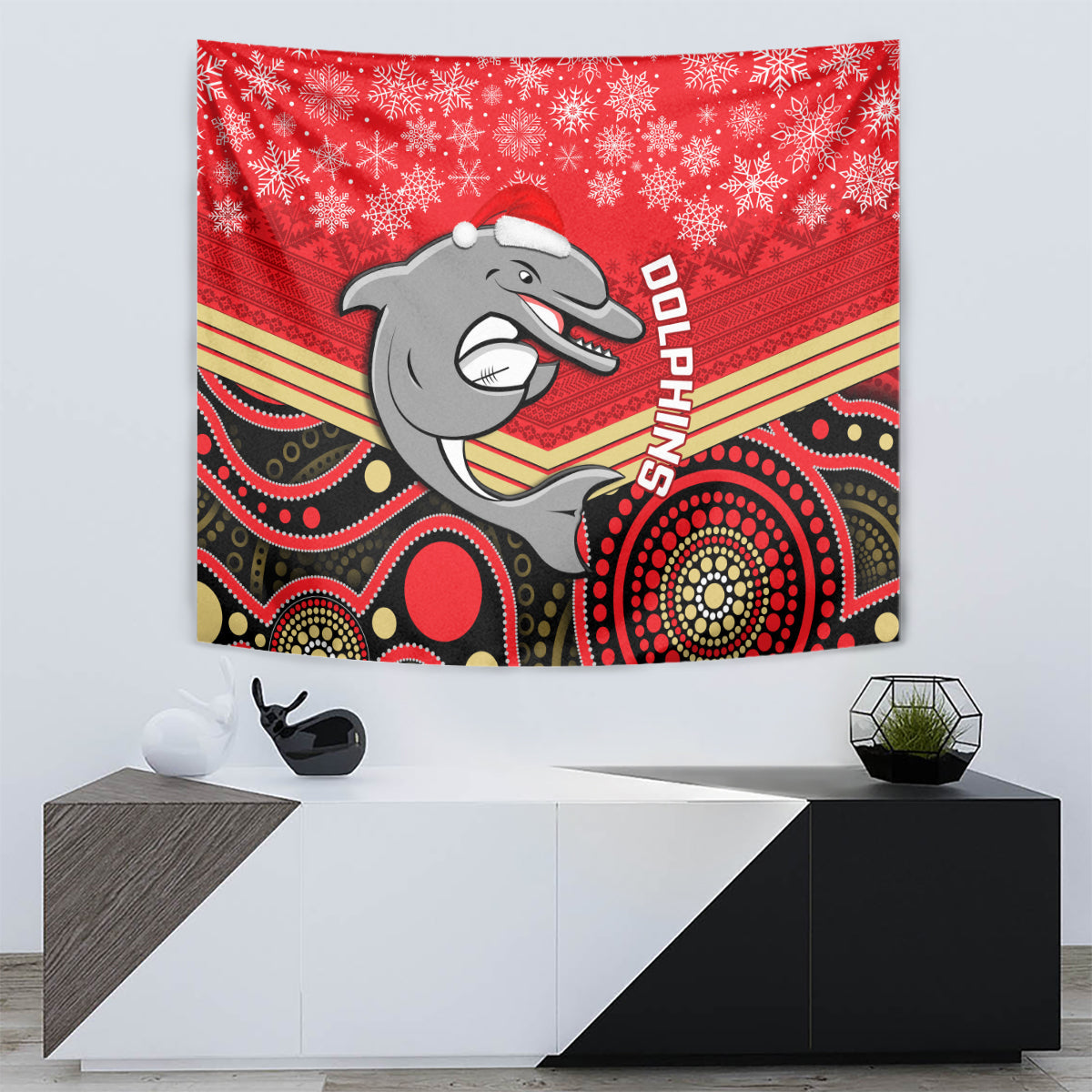 Dolphins Rugby Christmas Tapestry Merry Xmas 2023 Mix Aboriginal Art - Vibe Hoodie Shop