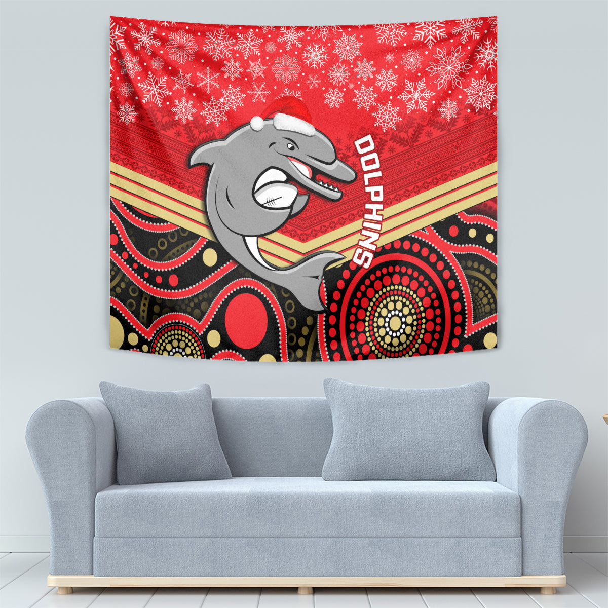 Dolphins Rugby Christmas Tapestry Merry Xmas 2023 Mix Aboriginal Art - Vibe Hoodie Shop