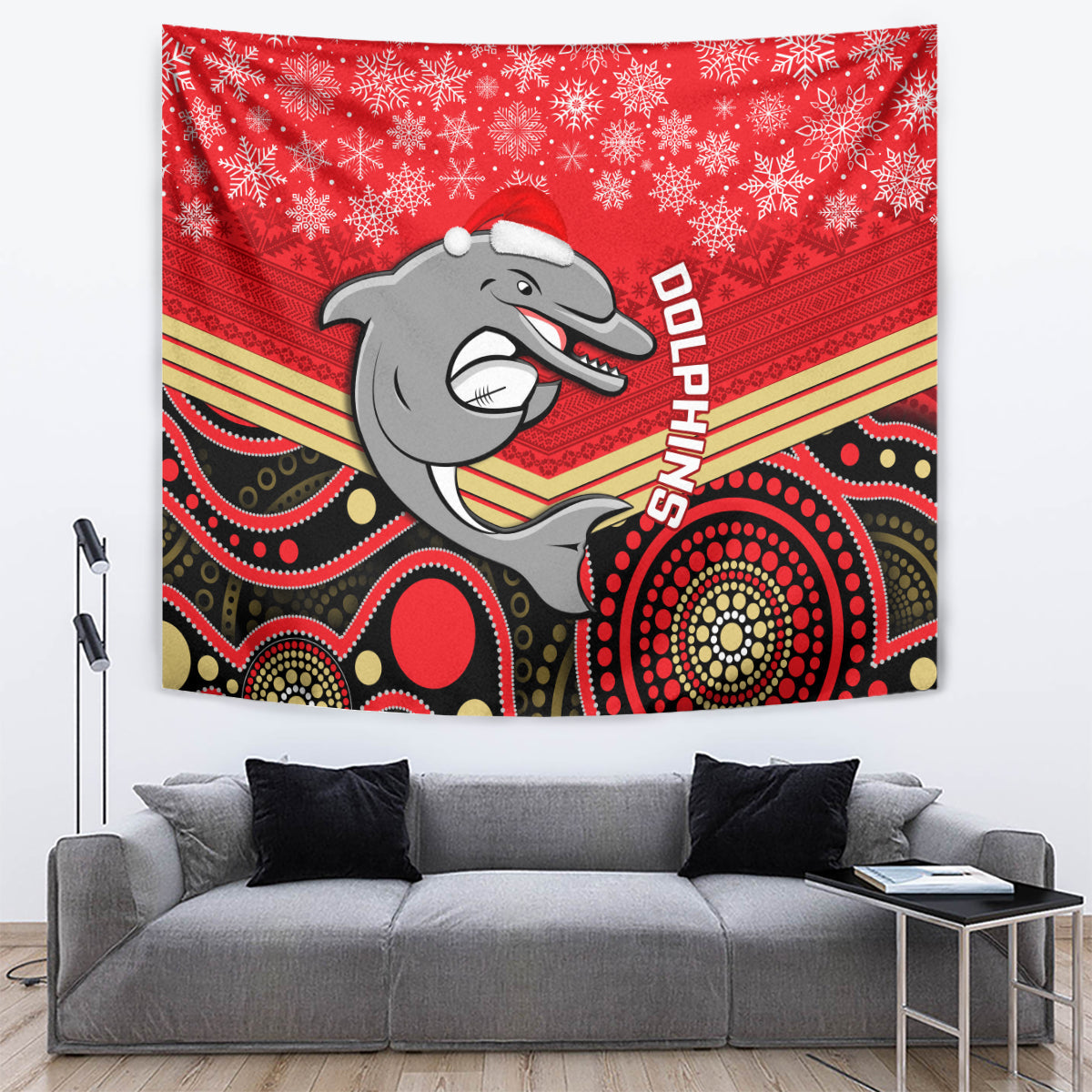 Dolphins Rugby Christmas Tapestry Merry Xmas 2023 Mix Aboriginal Art - Vibe Hoodie Shop