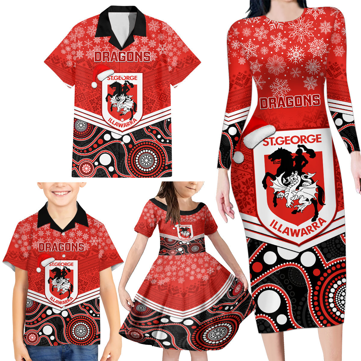 custom-dragons-rugby-christmas-family-matching-long-sleeve-bodycon-dress-and-hawaiian-shirt-merry-xmas-2023-mix-aboriginal-art