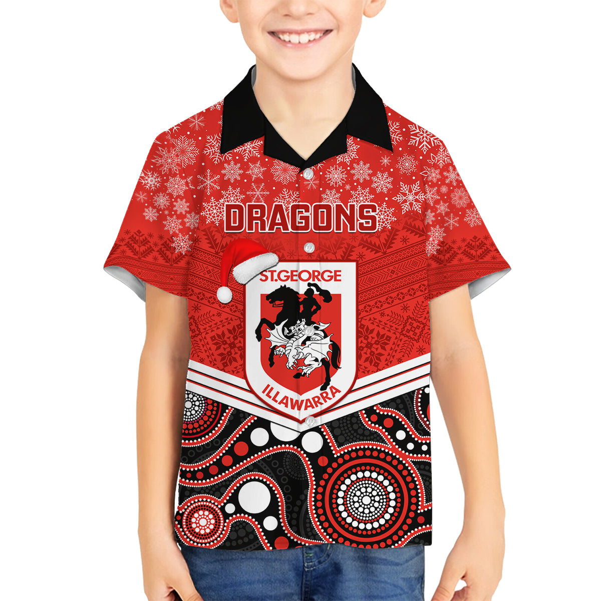 custom-dragons-rugby-christmas-family-matching-long-sleeve-bodycon-dress-and-hawaiian-shirt-merry-xmas-2023-mix-aboriginal-art