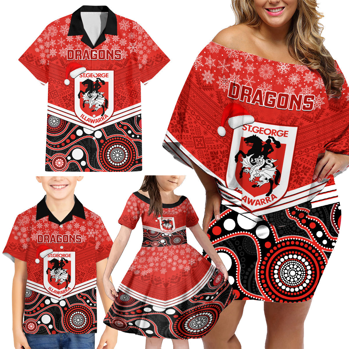 custom-dragons-rugby-christmas-family-matching-off-shoulder-short-dress-and-hawaiian-shirt-merry-xmas-2023-mix-aboriginal-art