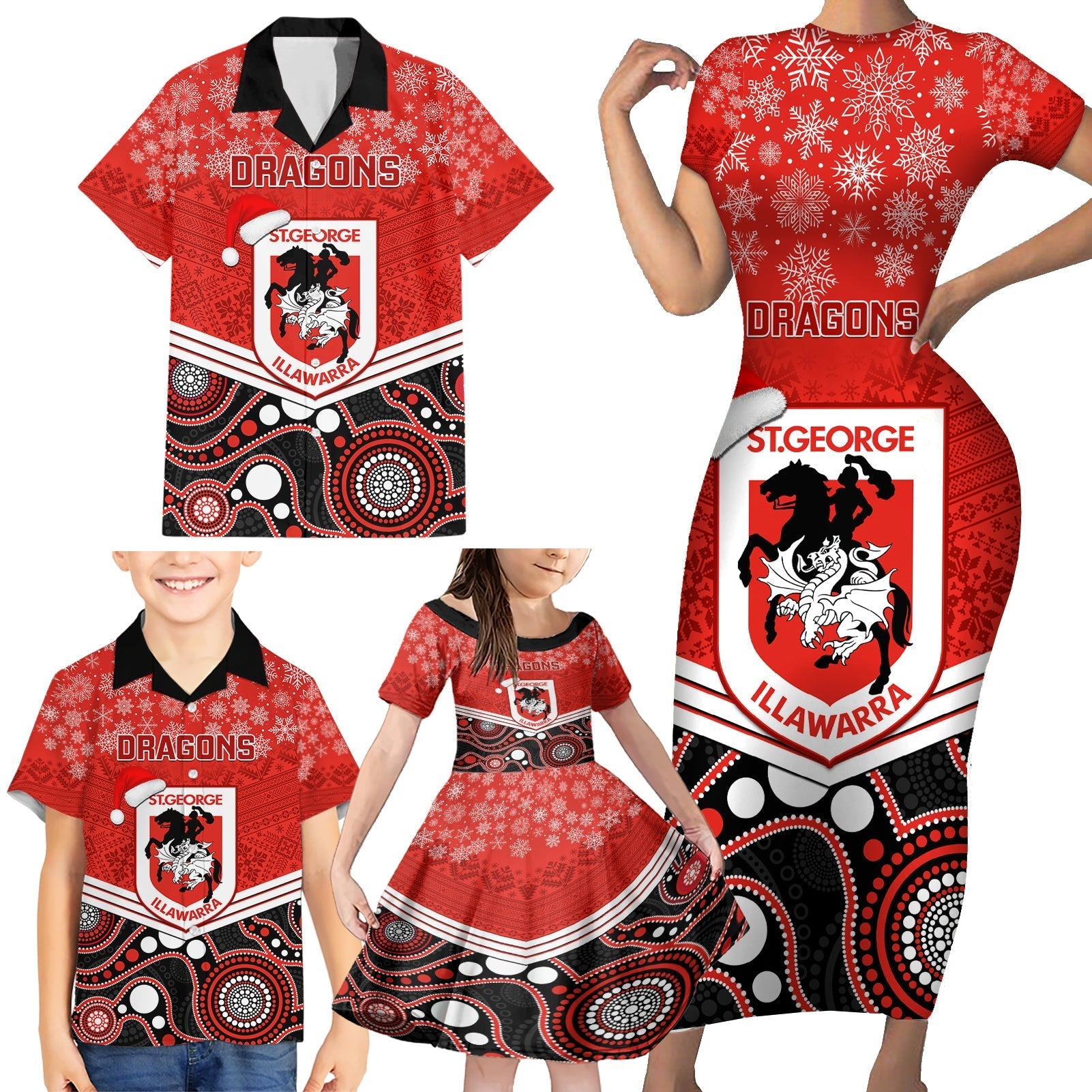 custom-dragons-rugby-christmas-family-matching-short-sleeve-bodycon-dress-and-hawaiian-shirt-merry-xmas-2023-mix-aboriginal-art