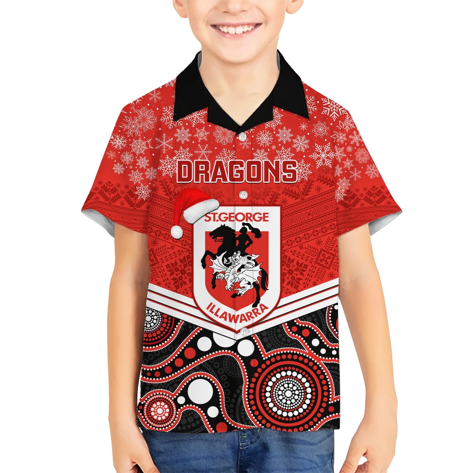 custom-dragons-rugby-christmas-family-matching-short-sleeve-bodycon-dress-and-hawaiian-shirt-merry-xmas-2023-mix-aboriginal-art