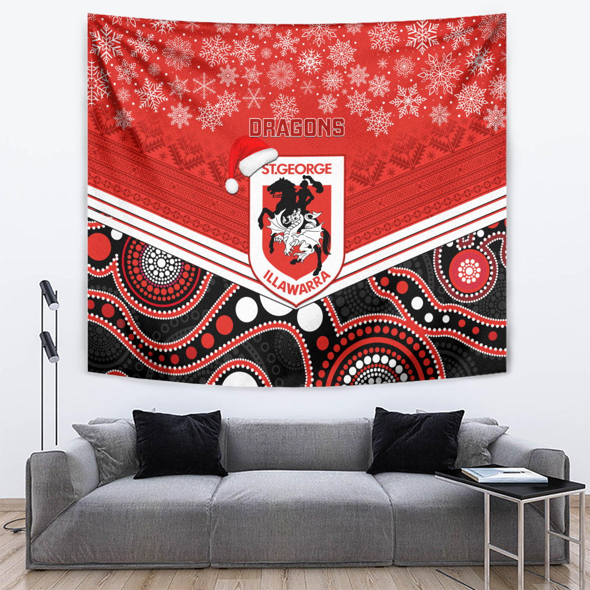 Custom Dragons Rugby Christmas Tapestry Merry Xmas 2023 Mix Aboriginal Art - Vibe Hoodie Shop