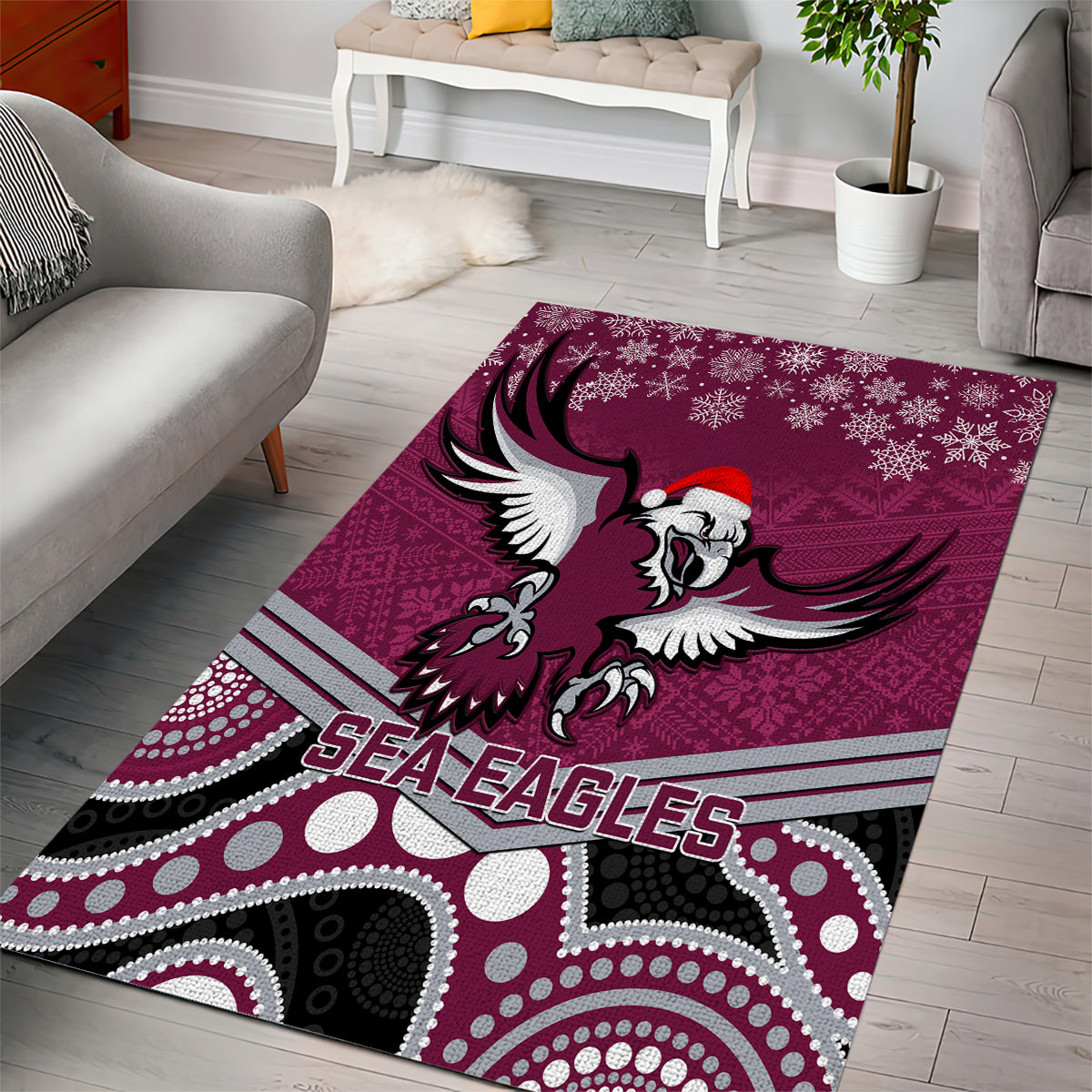 Sea Eagles Rugby Christmas Area Rug Merry Xmas 2023 Mix Aboriginal Art - Vibe Hoodie Shop