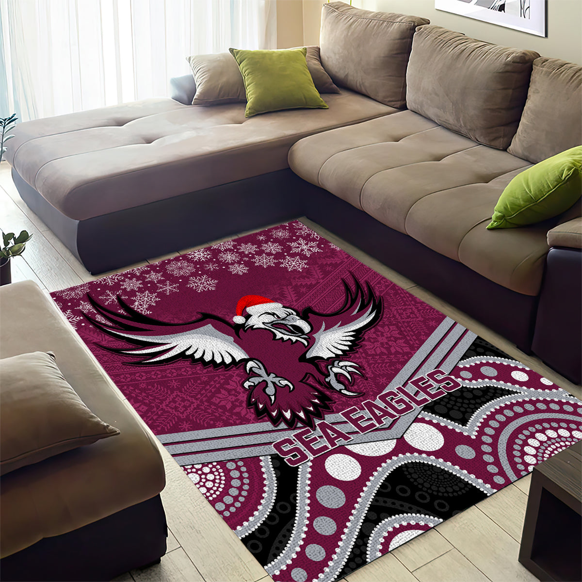 Sea Eagles Rugby Christmas Area Rug Merry Xmas 2023 Mix Aboriginal Art - Vibe Hoodie Shop