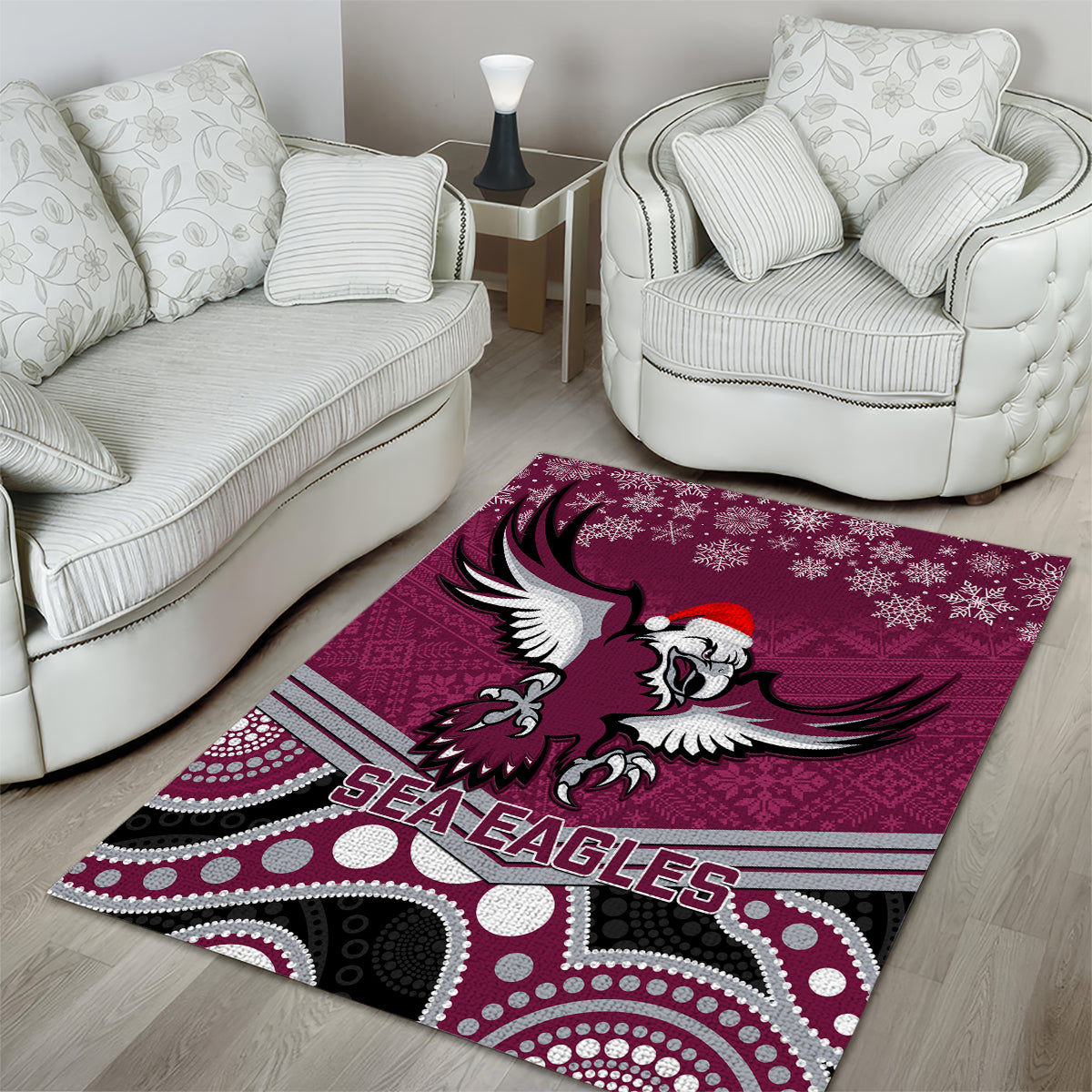 Sea Eagles Rugby Christmas Area Rug Merry Xmas 2023 Mix Aboriginal Art - Vibe Hoodie Shop