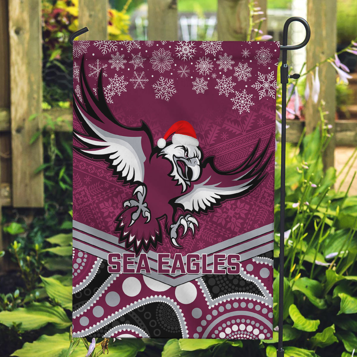 Sea Eagles Rugby Christmas Garden Flag Merry Xmas 2023 Mix Aboriginal Art - Vibe Hoodie Shop