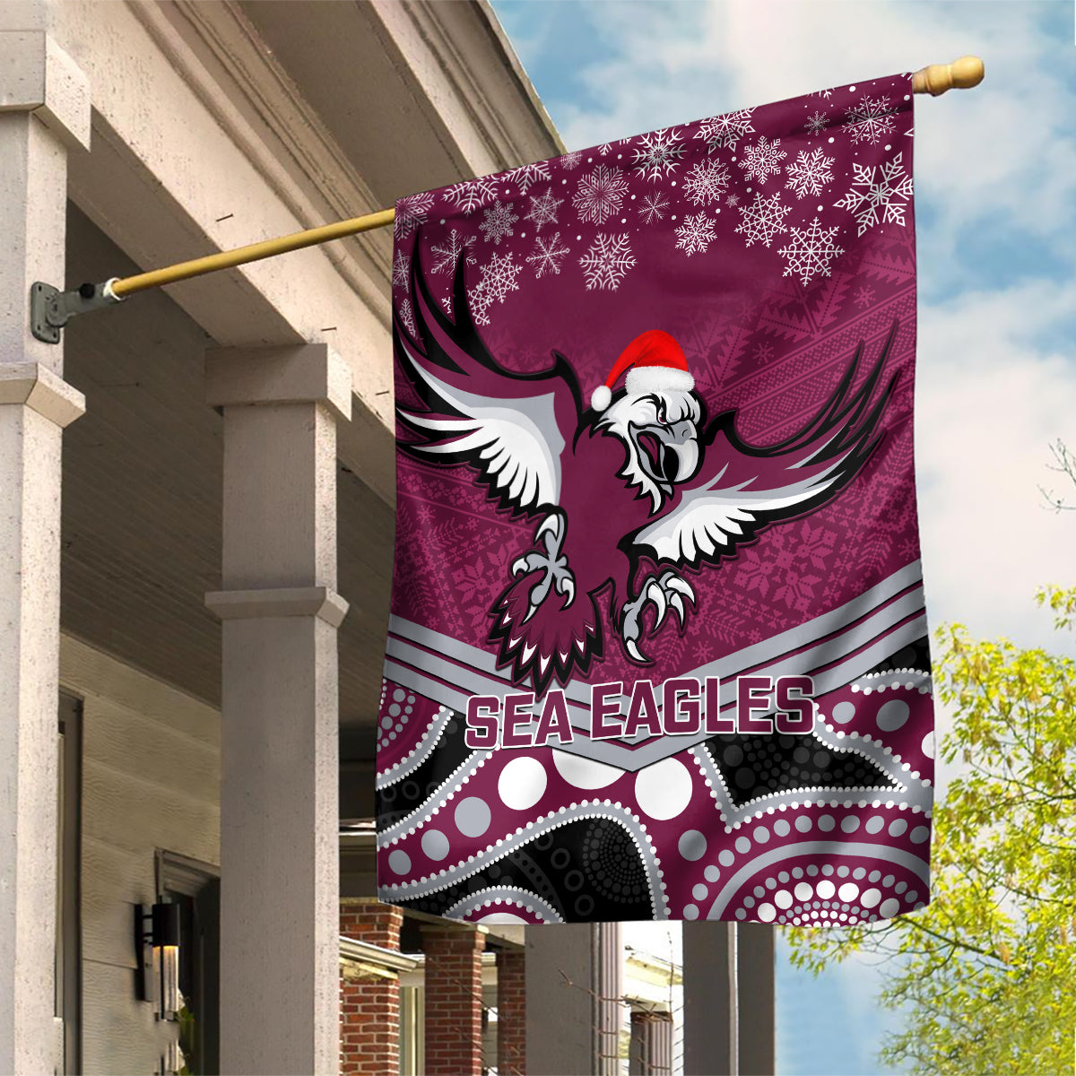 Sea Eagles Rugby Christmas Garden Flag Merry Xmas 2023 Mix Aboriginal Art - Vibe Hoodie Shop