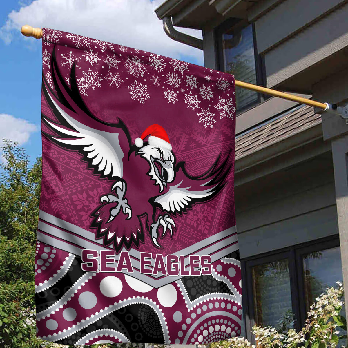 Sea Eagles Rugby Christmas Garden Flag Merry Xmas 2023 Mix Aboriginal Art - Vibe Hoodie Shop