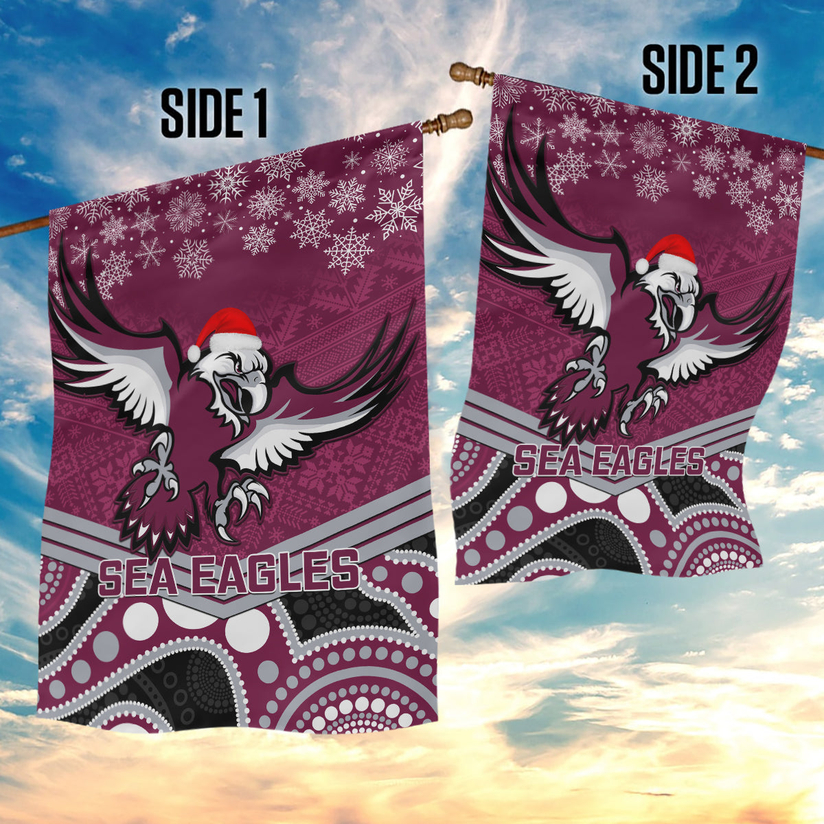 Sea Eagles Rugby Christmas Garden Flag Merry Xmas 2023 Mix Aboriginal Art - Vibe Hoodie Shop