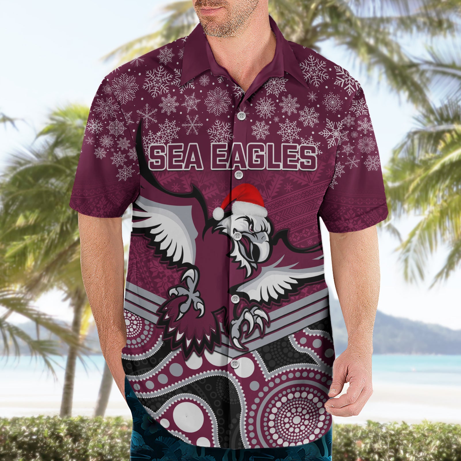 Custom Sea Eagles Rugby Christmas Hawaiian Shirt Merry Xmas 2023 Mix Aboriginal Art - Vibe Hoodie Shop