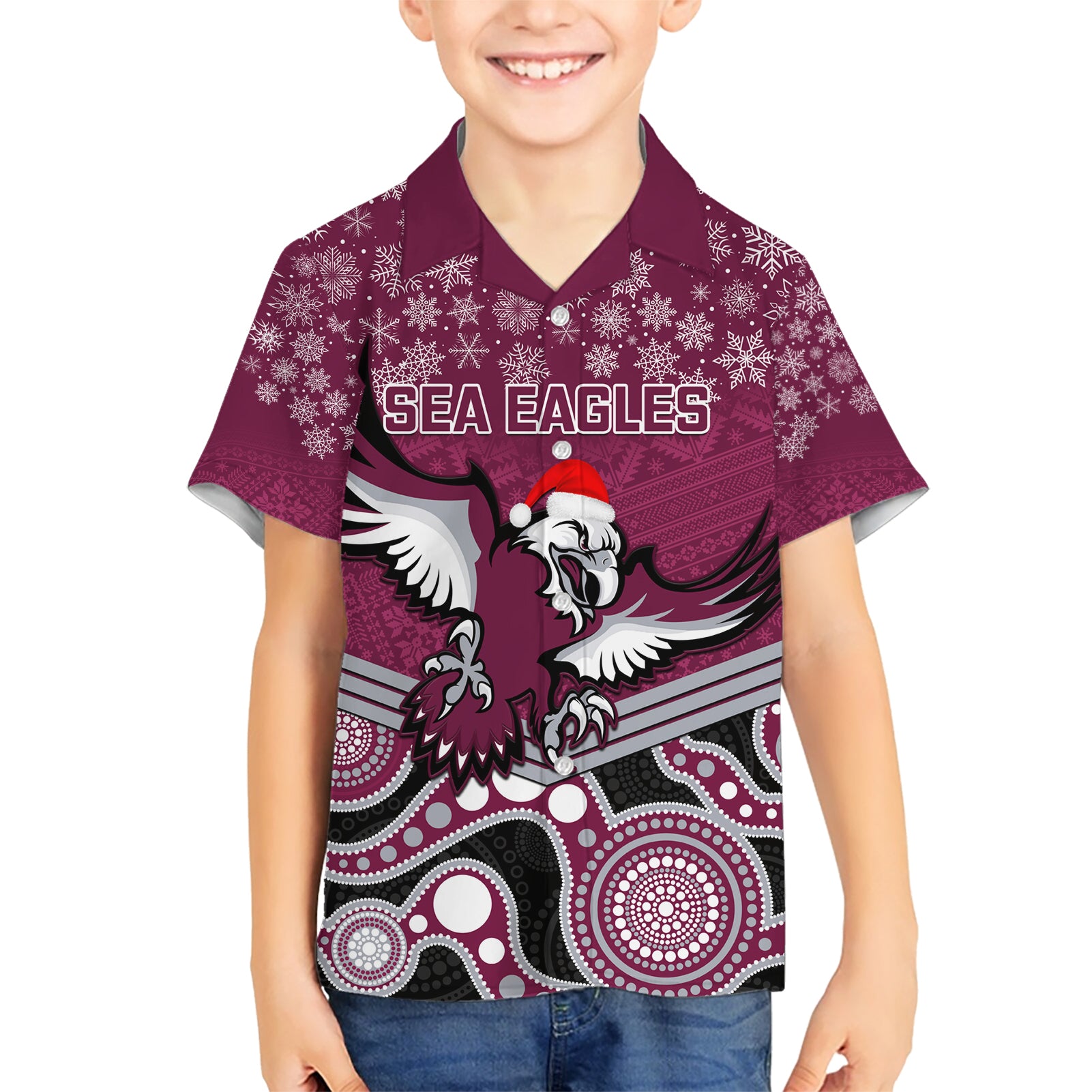 Custom Sea Eagles Rugby Christmas Hawaiian Shirt Merry Xmas 2023 Mix Aboriginal Art - Vibe Hoodie Shop