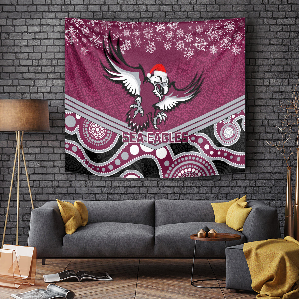 Sea Eagles Rugby Christmas Tapestry Merry Xmas 2023 Mix Aboriginal Art - Vibe Hoodie Shop