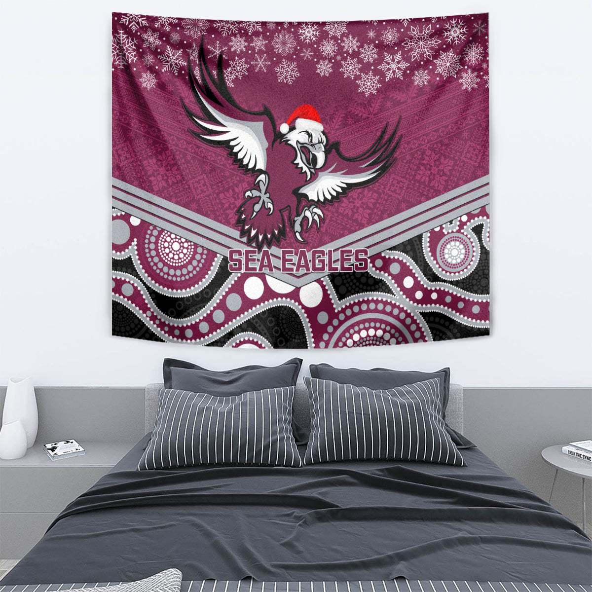 Sea Eagles Rugby Christmas Tapestry Merry Xmas 2023 Mix Aboriginal Art - Vibe Hoodie Shop