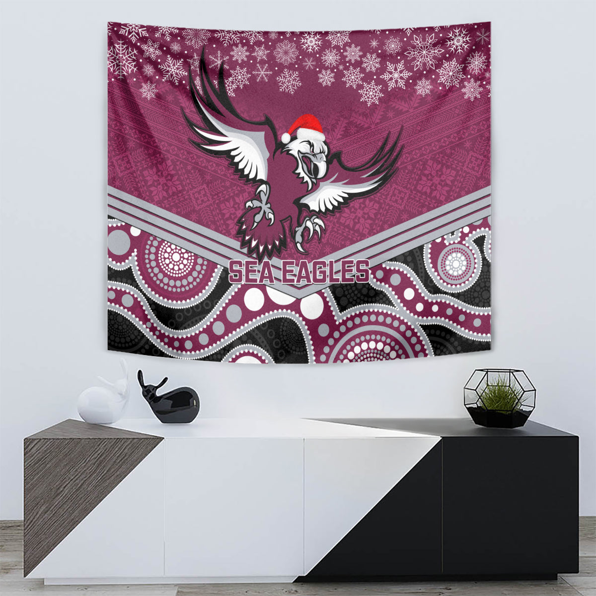 Sea Eagles Rugby Christmas Tapestry Merry Xmas 2023 Mix Aboriginal Art - Vibe Hoodie Shop