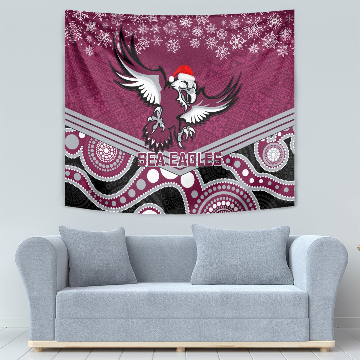 Sea Eagles Rugby Christmas Tapestry Merry Xmas 2023 Mix Aboriginal Art - Vibe Hoodie Shop