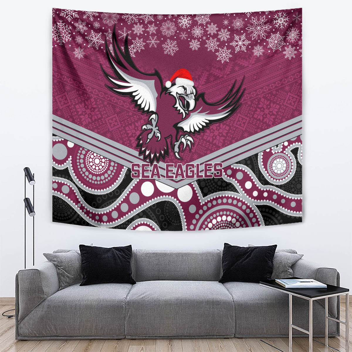 Sea Eagles Rugby Christmas Tapestry Merry Xmas 2023 Mix Aboriginal Art - Vibe Hoodie Shop