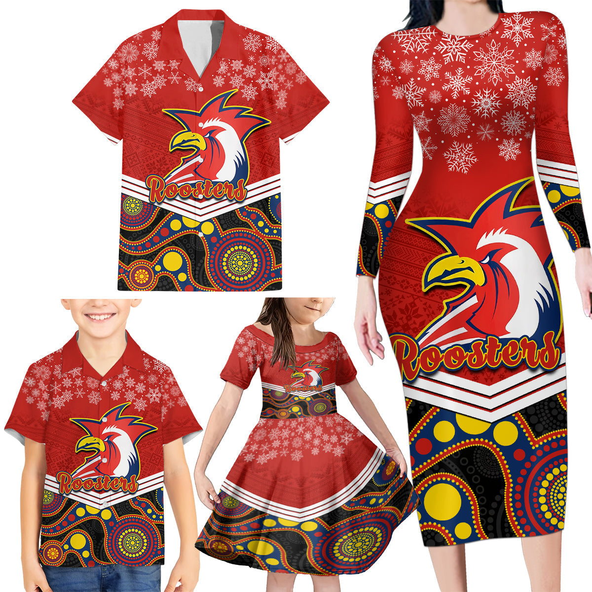 custom-roosters-rugby-christmas-family-matching-long-sleeve-bodycon-dress-and-hawaiian-shirt-merry-xmas-2023-mix-aboriginal-art