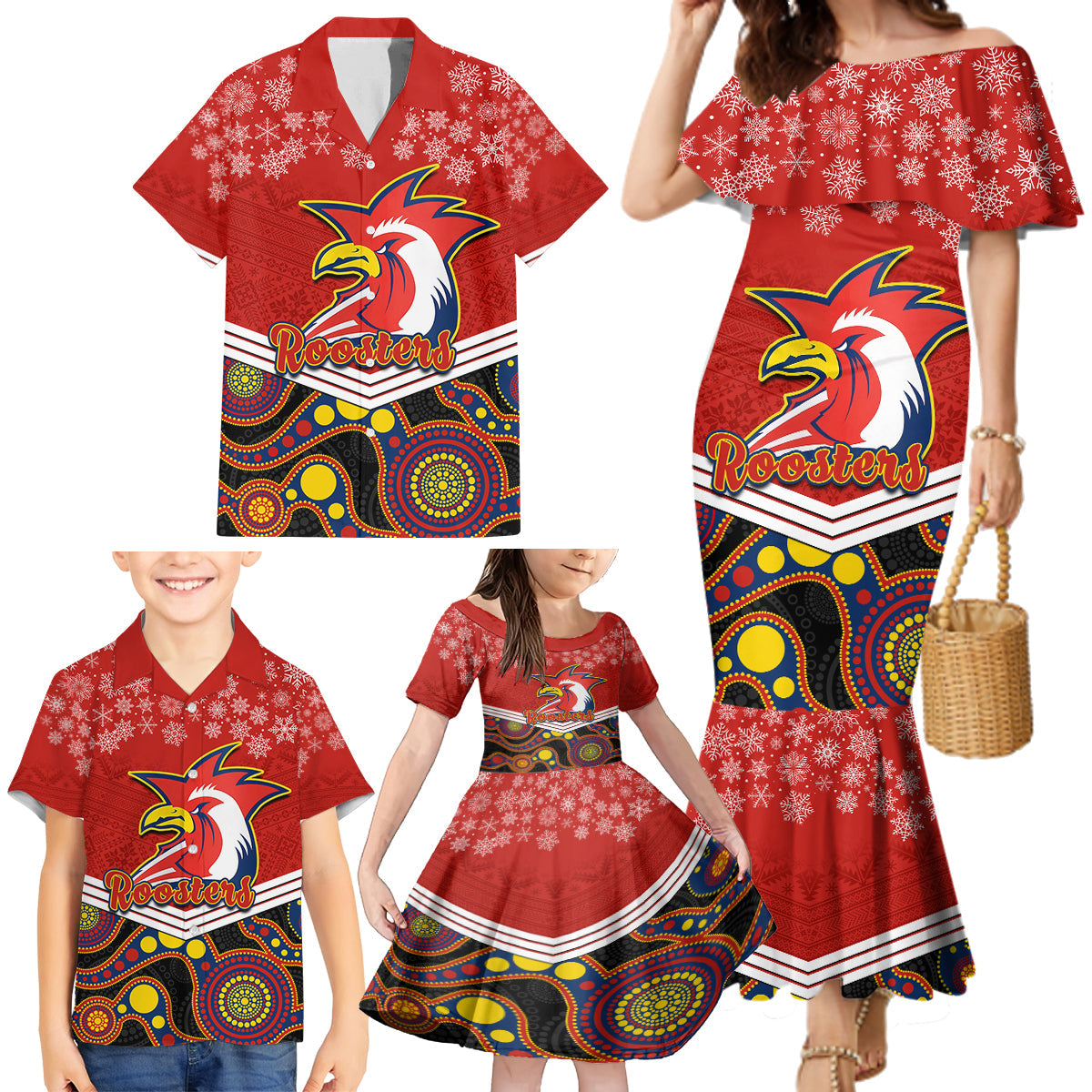 custom-roosters-rugby-christmas-family-matching-mermaid-dress-and-hawaiian-shirt-merry-xmas-2023-mix-aboriginal-art