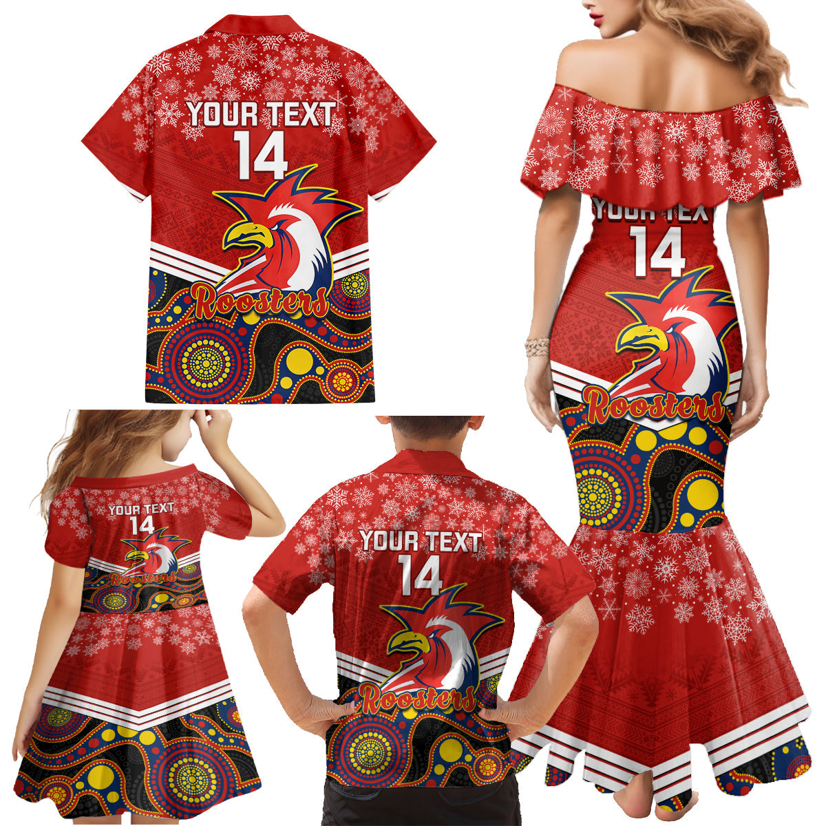 custom-roosters-rugby-christmas-family-matching-mermaid-dress-and-hawaiian-shirt-merry-xmas-2023-mix-aboriginal-art