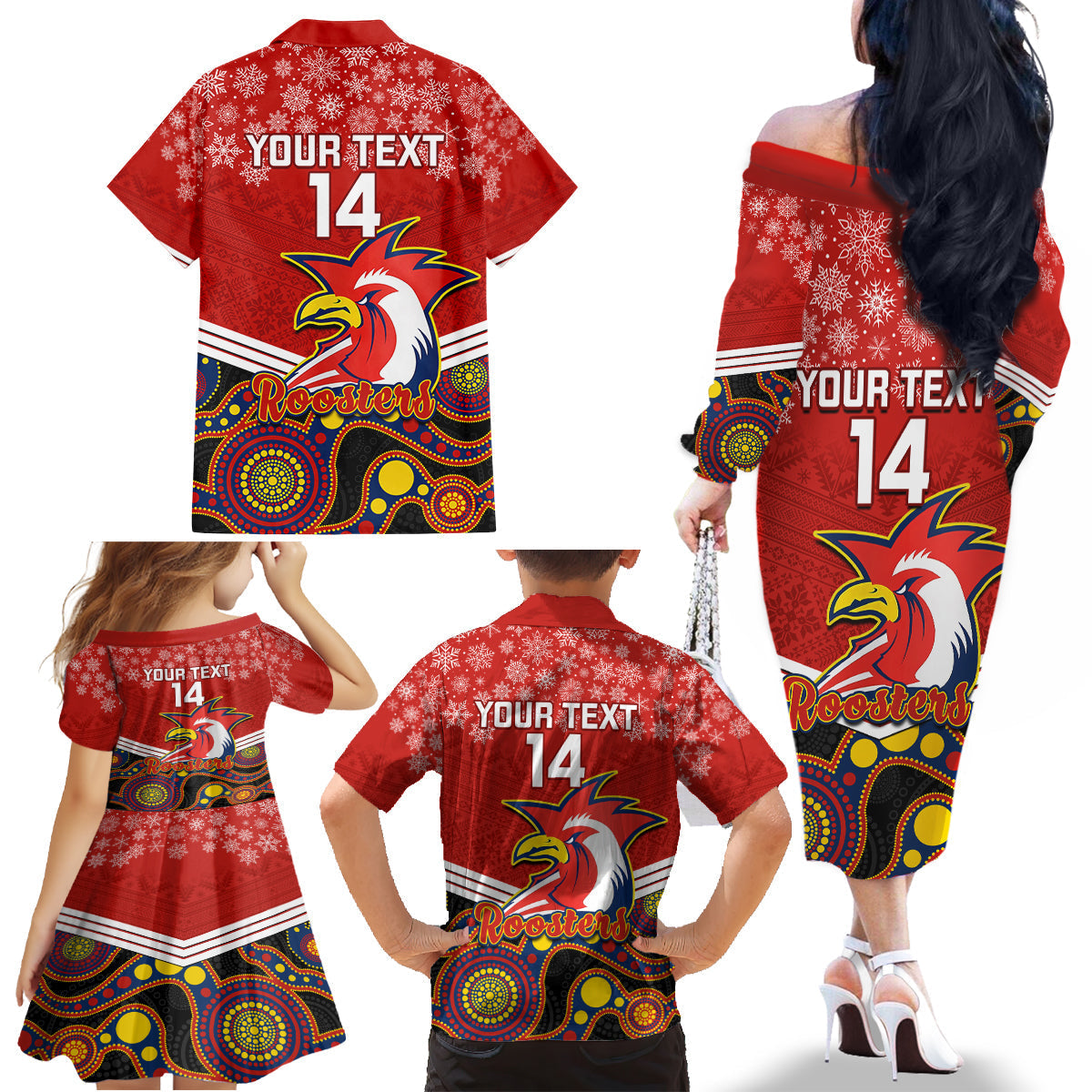 custom-roosters-rugby-christmas-family-matching-off-shoulder-long-sleeve-dress-and-hawaiian-shirt-merry-xmas-2023-mix-aboriginal-art