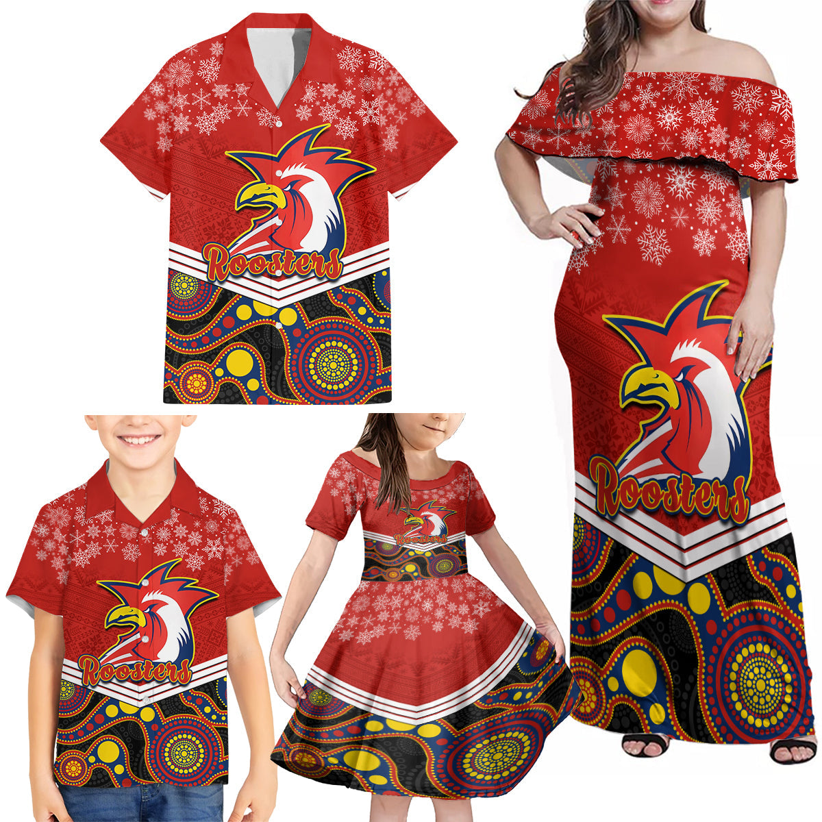 custom-roosters-rugby-christmas-family-matching-off-shoulder-maxi-dress-and-hawaiian-shirt-merry-xmas-2023-mix-aboriginal-art