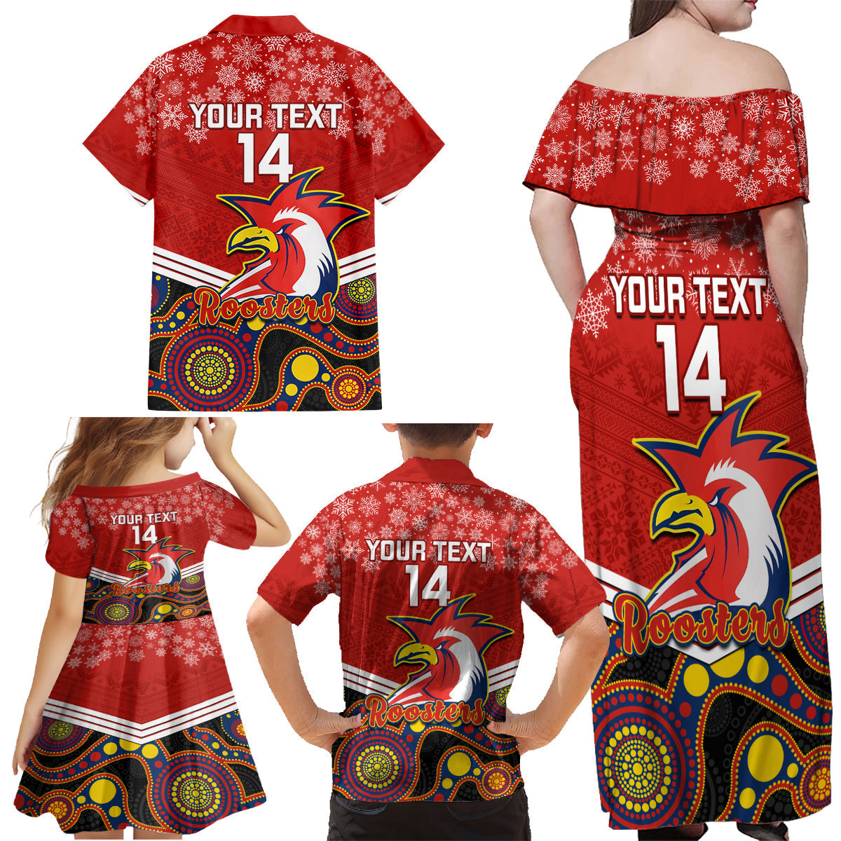 custom-roosters-rugby-christmas-family-matching-off-shoulder-maxi-dress-and-hawaiian-shirt-merry-xmas-2023-mix-aboriginal-art