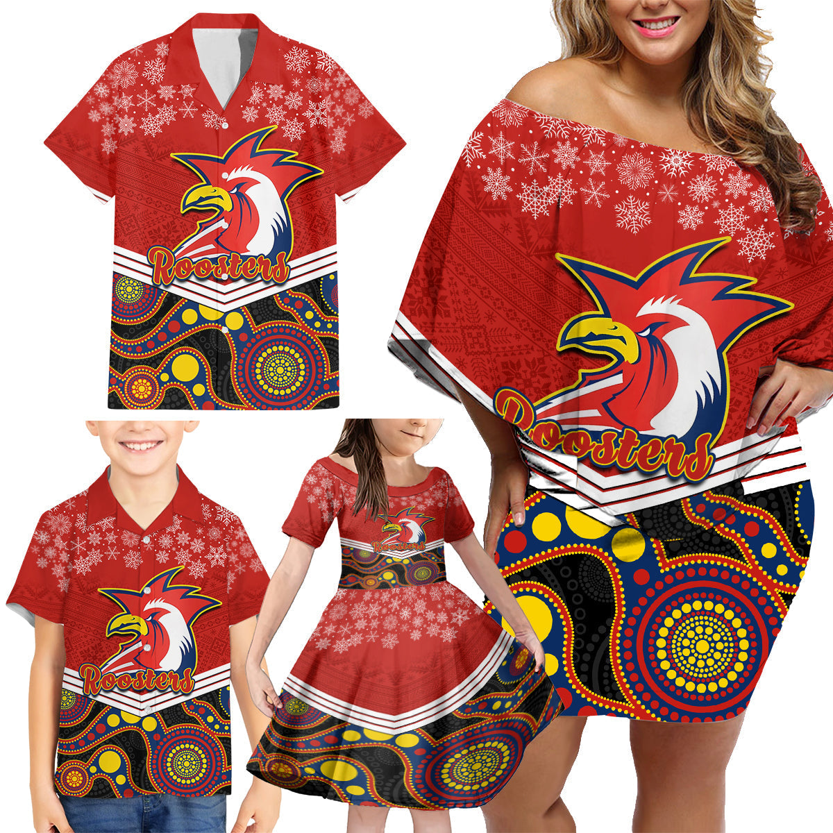 custom-roosters-rugby-christmas-family-matching-off-shoulder-short-dress-and-hawaiian-shirt-merry-xmas-2023-mix-aboriginal-art