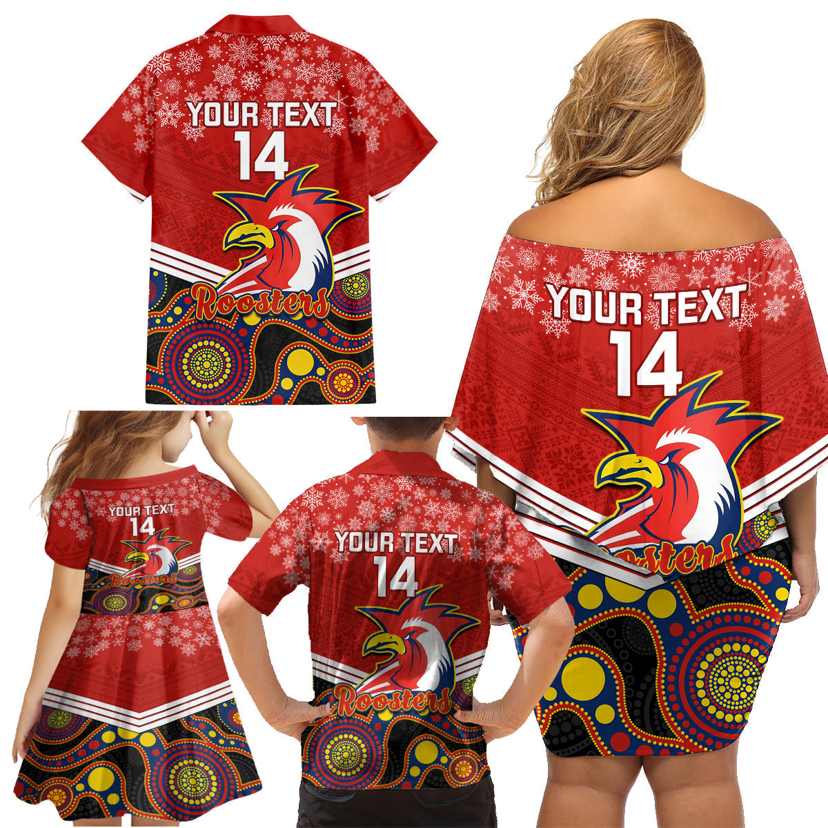 custom-roosters-rugby-christmas-family-matching-off-shoulder-short-dress-and-hawaiian-shirt-merry-xmas-2023-mix-aboriginal-art