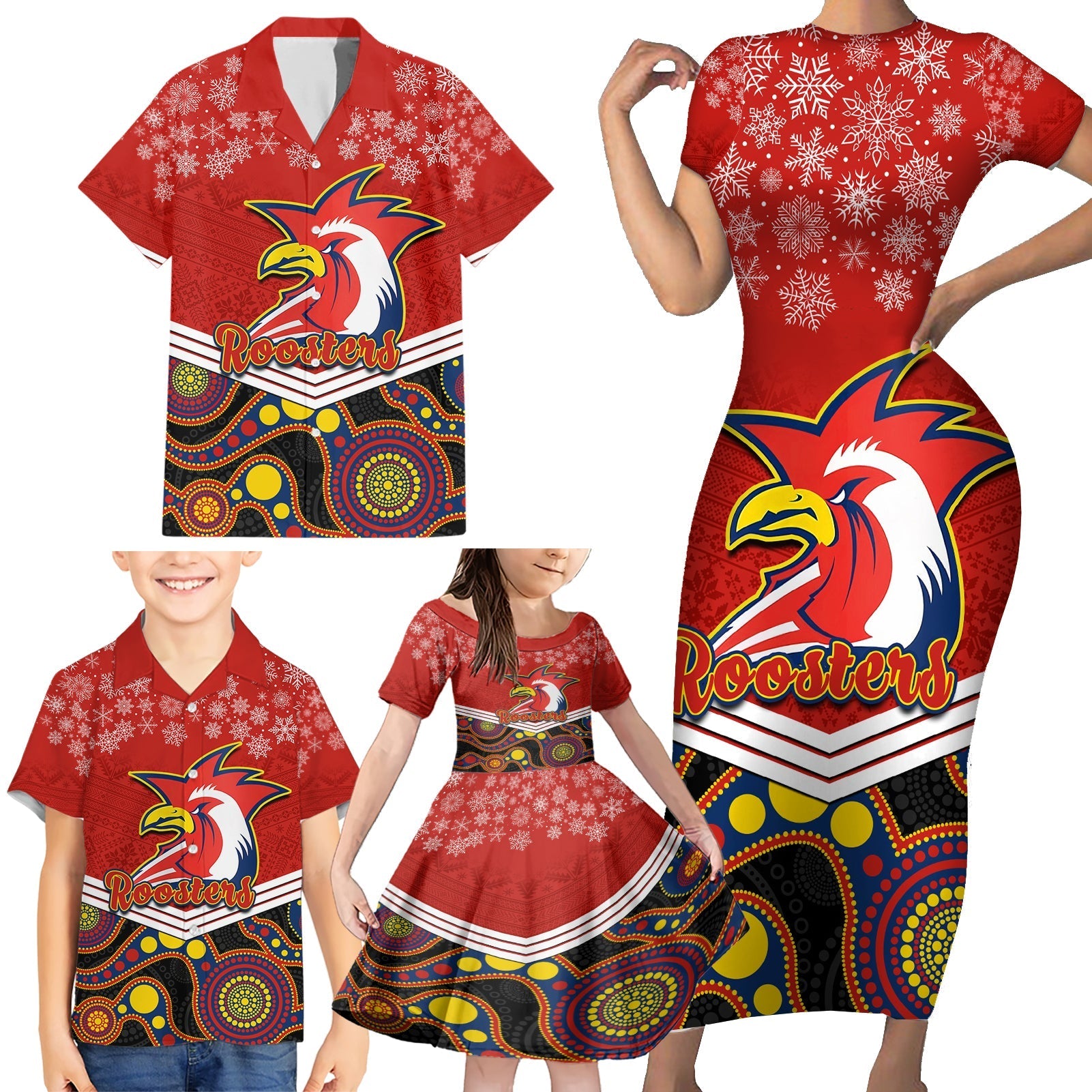 custom-roosters-rugby-christmas-family-matching-short-sleeve-bodycon-dress-and-hawaiian-shirt-merry-xmas-2023-mix-aboriginal-art