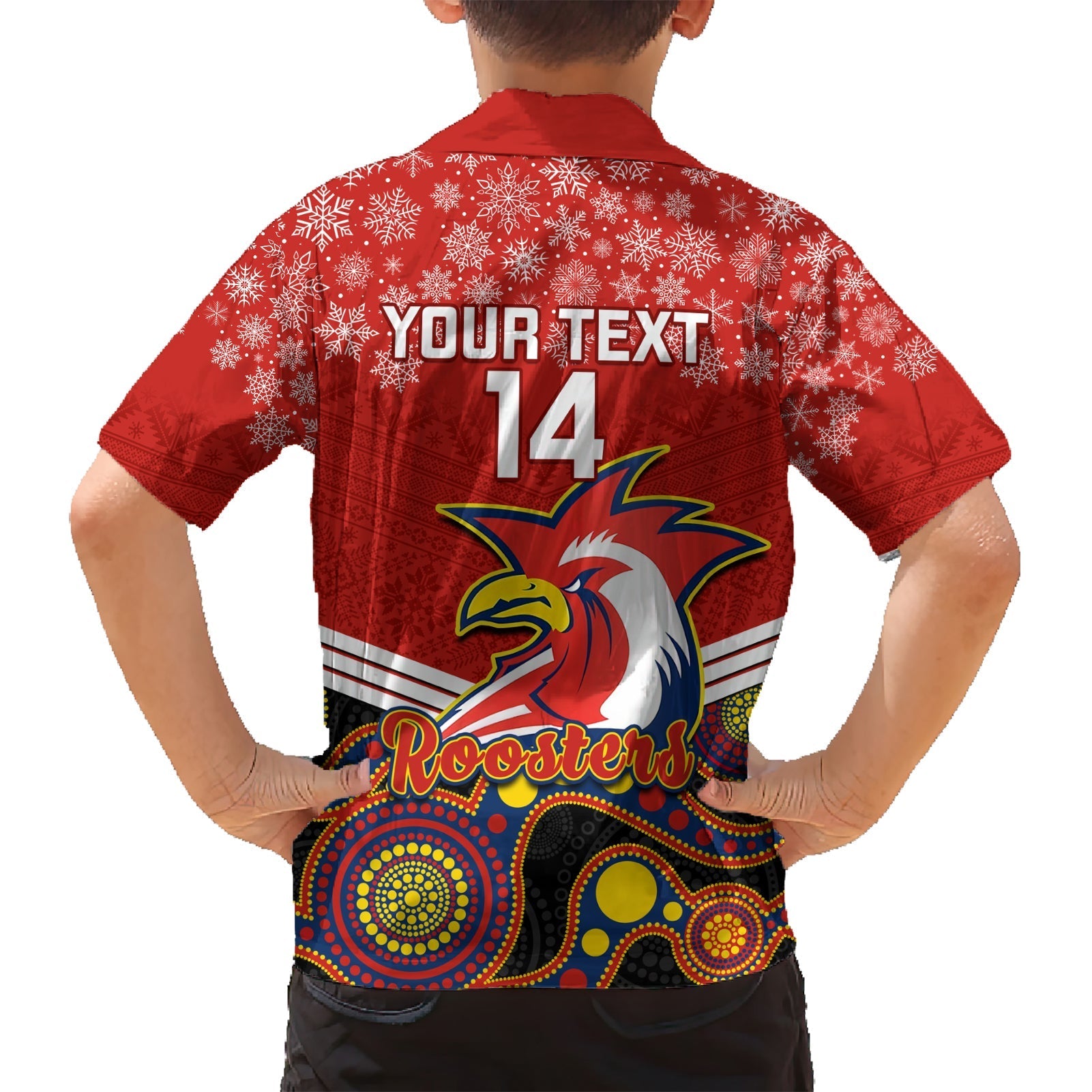 custom-roosters-rugby-christmas-family-matching-short-sleeve-bodycon-dress-and-hawaiian-shirt-merry-xmas-2023-mix-aboriginal-art