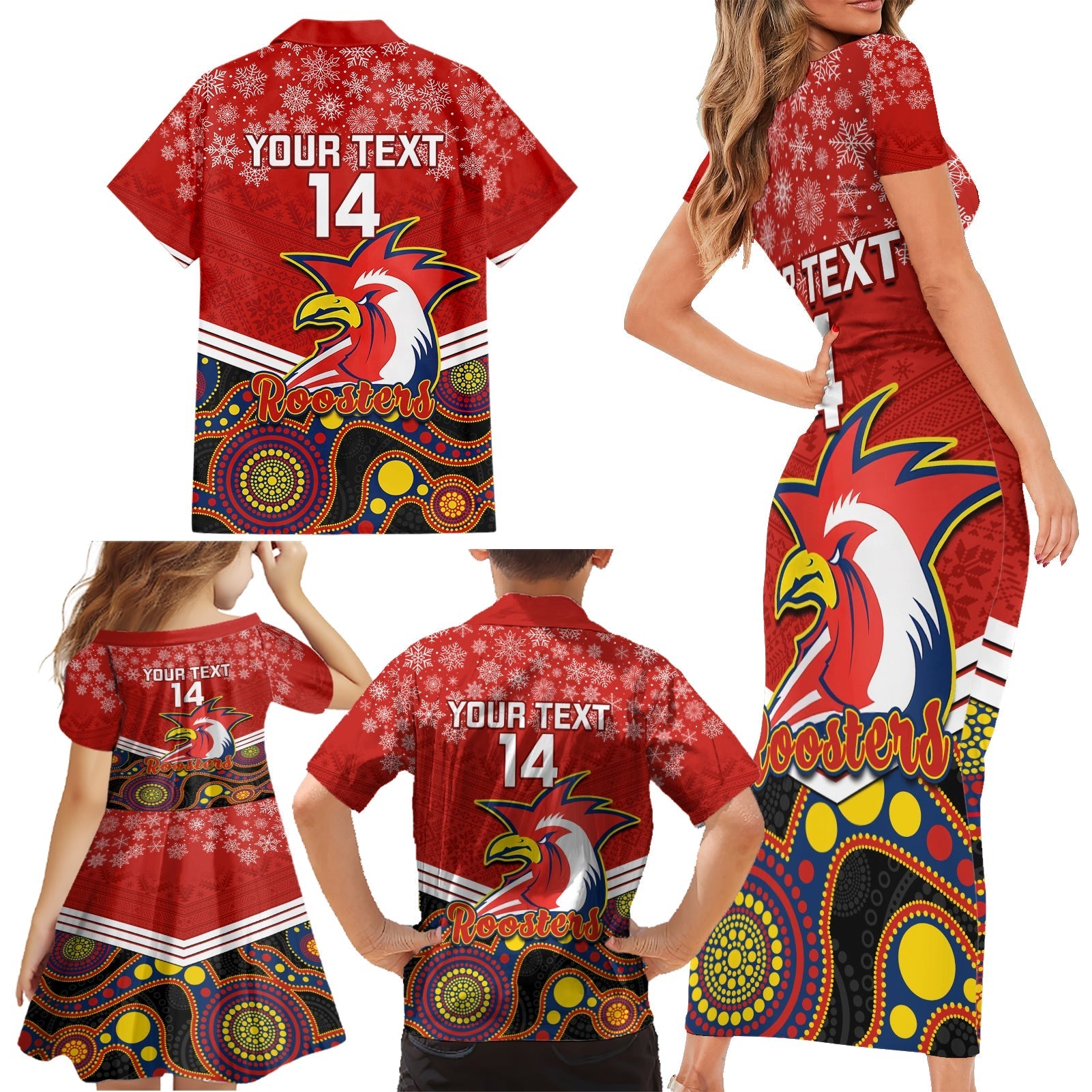 custom-roosters-rugby-christmas-family-matching-short-sleeve-bodycon-dress-and-hawaiian-shirt-merry-xmas-2023-mix-aboriginal-art