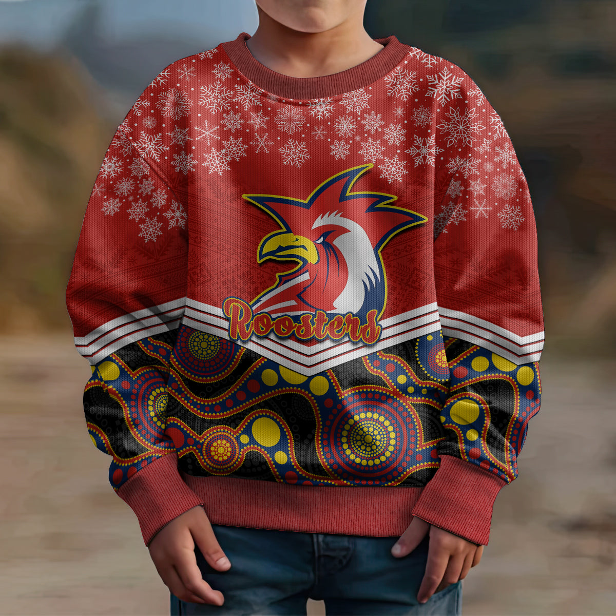 custom-roosters-rugby-christmas-kid-ugly-christmas-sweater-merry-xmas-2023-mix-aboriginal-art