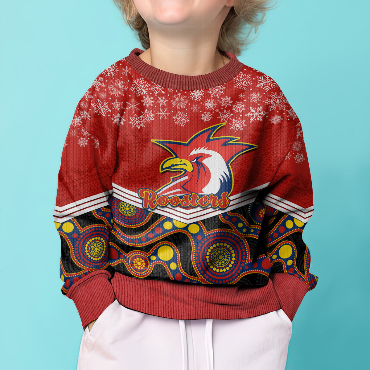 custom-roosters-rugby-christmas-kid-ugly-christmas-sweater-merry-xmas-2023-mix-aboriginal-art