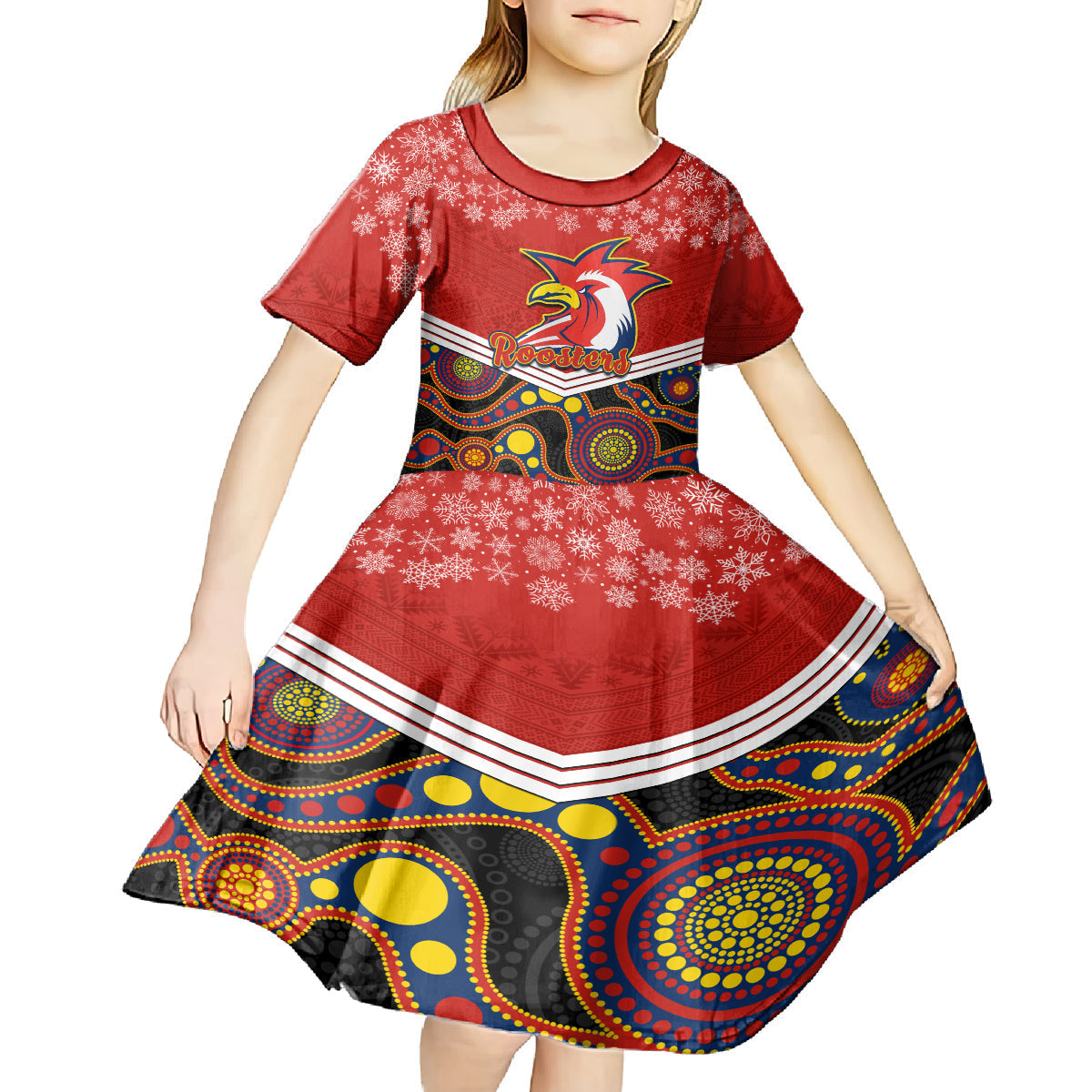 custom-roosters-rugby-christmas-kid-short-sleeve-dress-merry-xmas-2023-mix-aboriginal-art