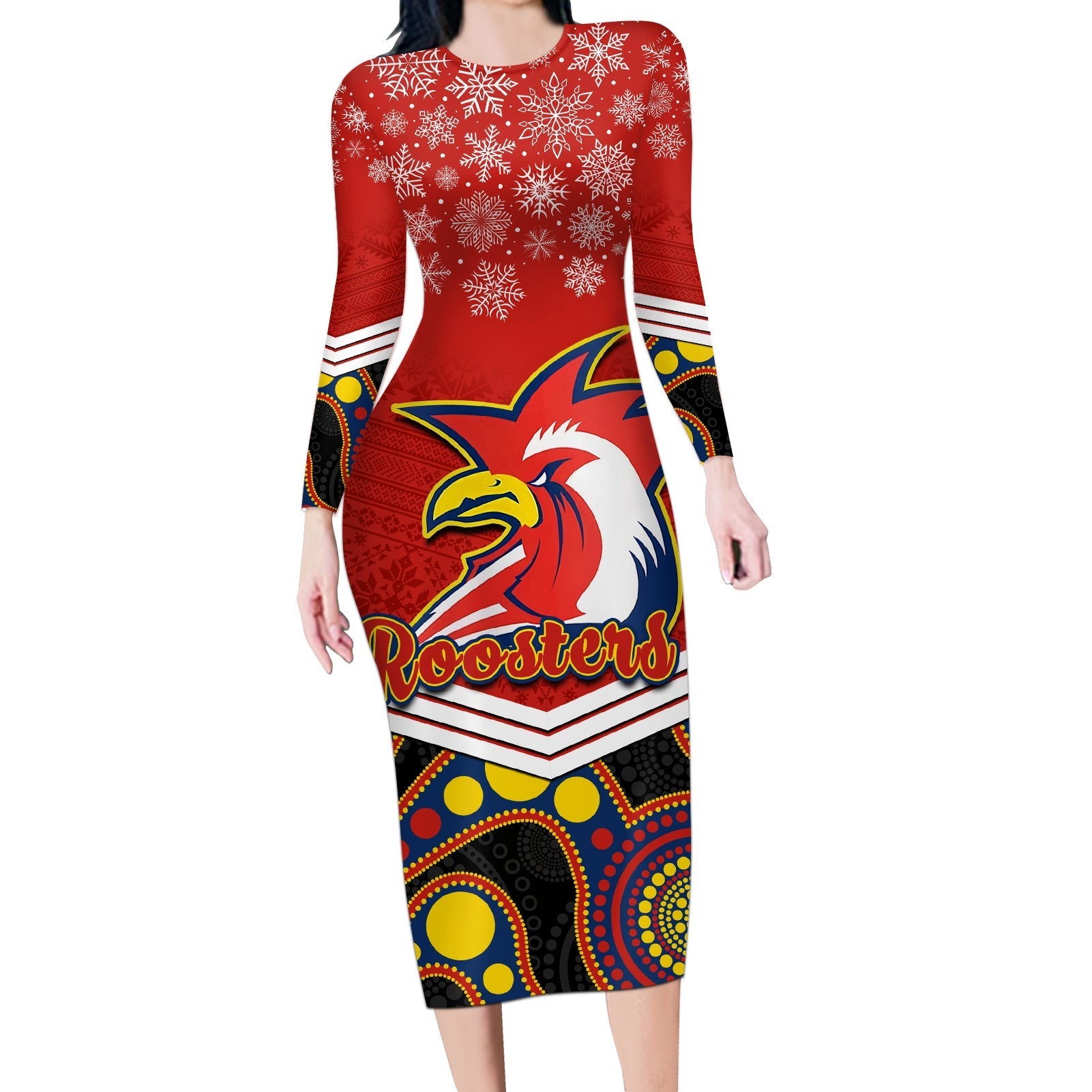 custom-roosters-rugby-christmas-long-sleeve-bodycon-dress-merry-xmas-2023-mix-aboriginal-art