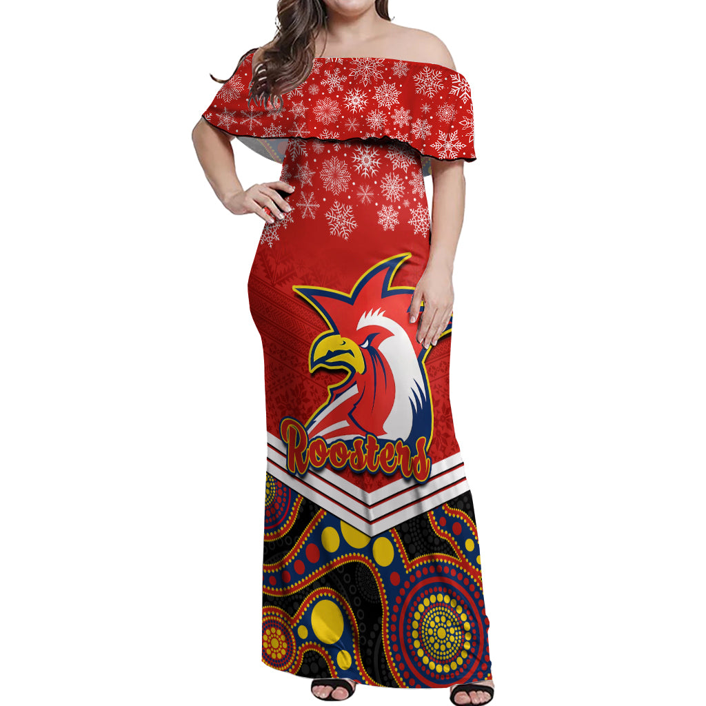 custom-roosters-rugby-christmas-off-shoulder-maxi-dress-merry-xmas-2023-mix-aboriginal-art