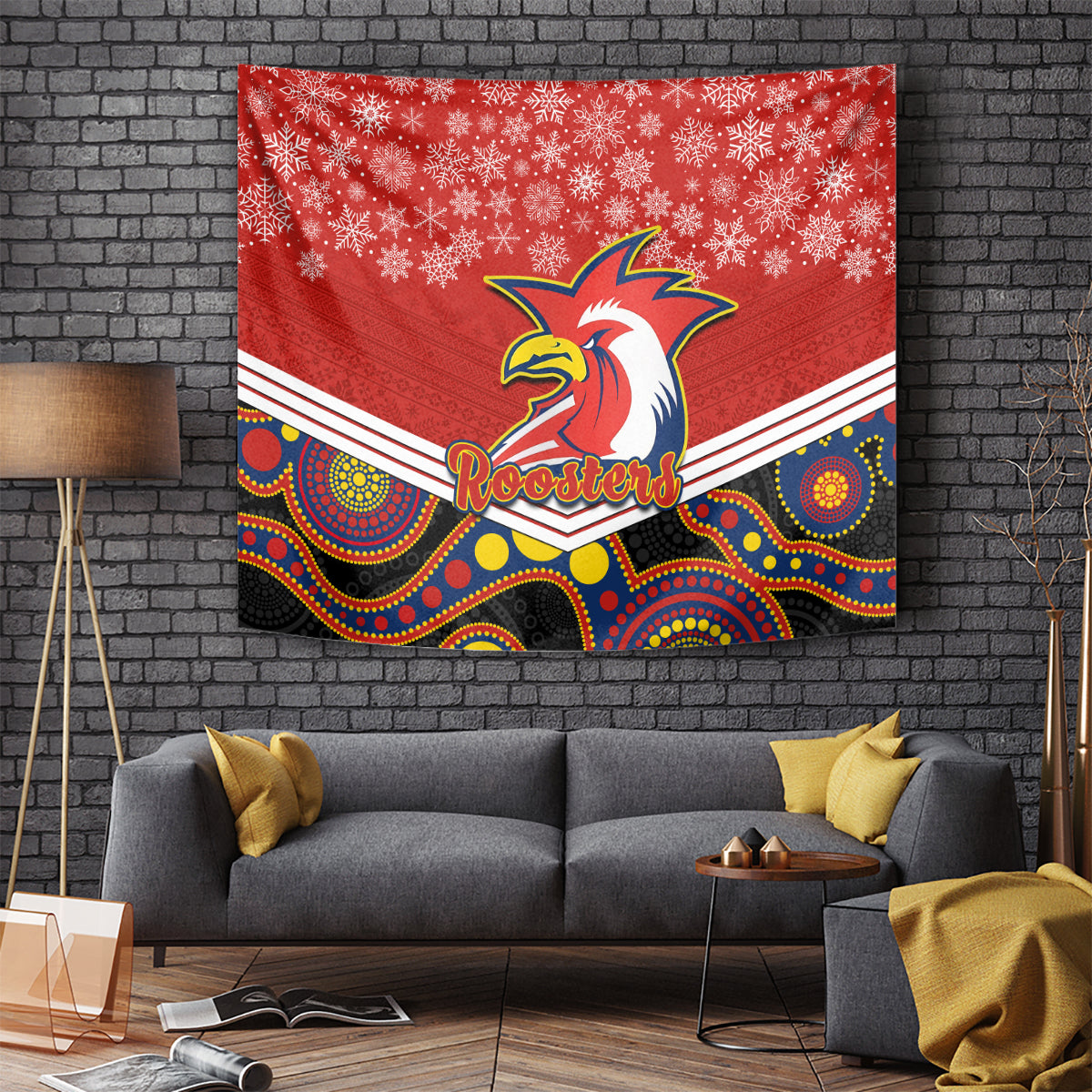 Roosters Rugby Christmas Tapestry Merry Xmas 2023 Mix Aboriginal Art - Vibe Hoodie Shop