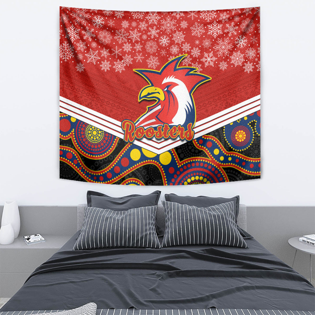 Roosters Rugby Christmas Tapestry Merry Xmas 2023 Mix Aboriginal Art - Vibe Hoodie Shop